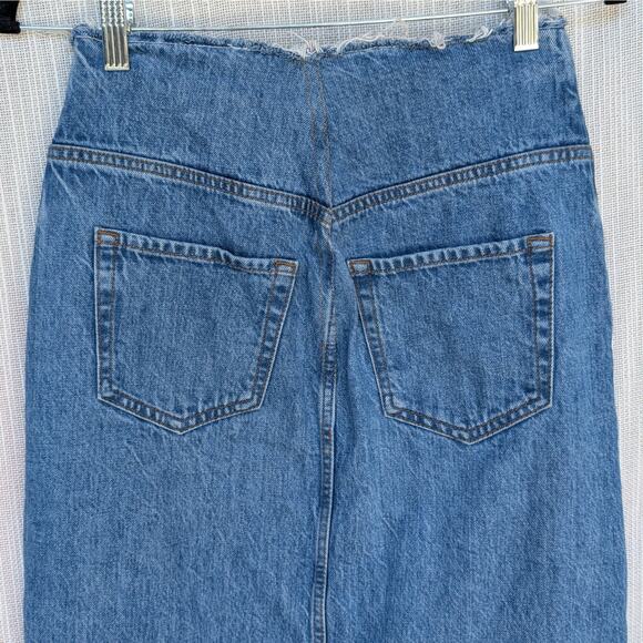 FRAME Blue Sea Cut Off Waist Denim Front Slit A-line Midi Maxi Skirt - Picture 3 of 11